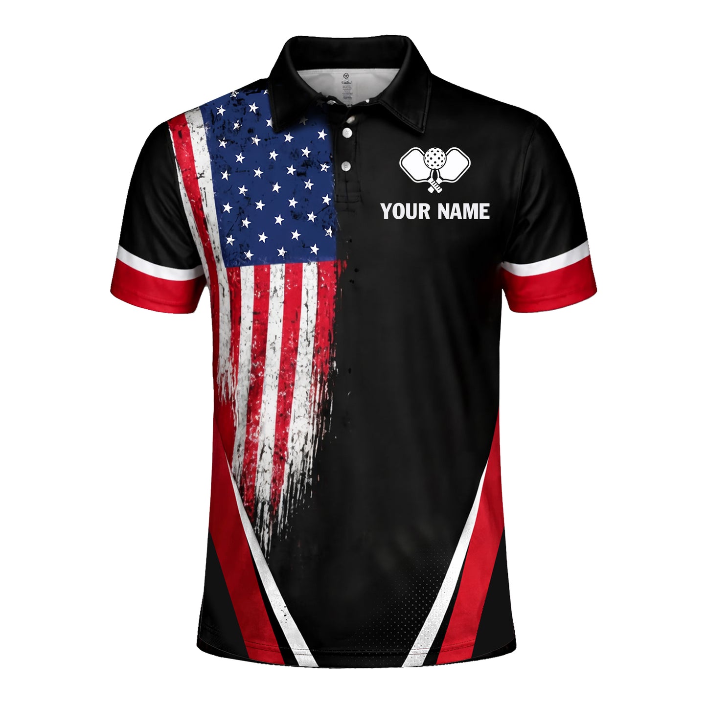 Custom Pickleball Polo Shirt USA Flag Personalized Name Black Red Performance Pickleball Shirt Men Women