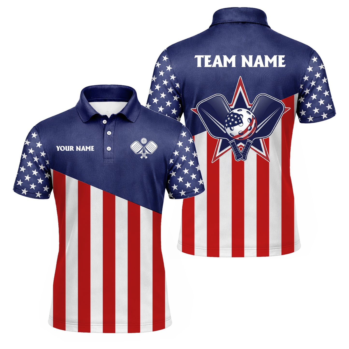 Men's American Flag Pickleball Polo Shirt, Custom Name Team USA Patriotic Short Sleeve Golf Polo for Pickleball Players