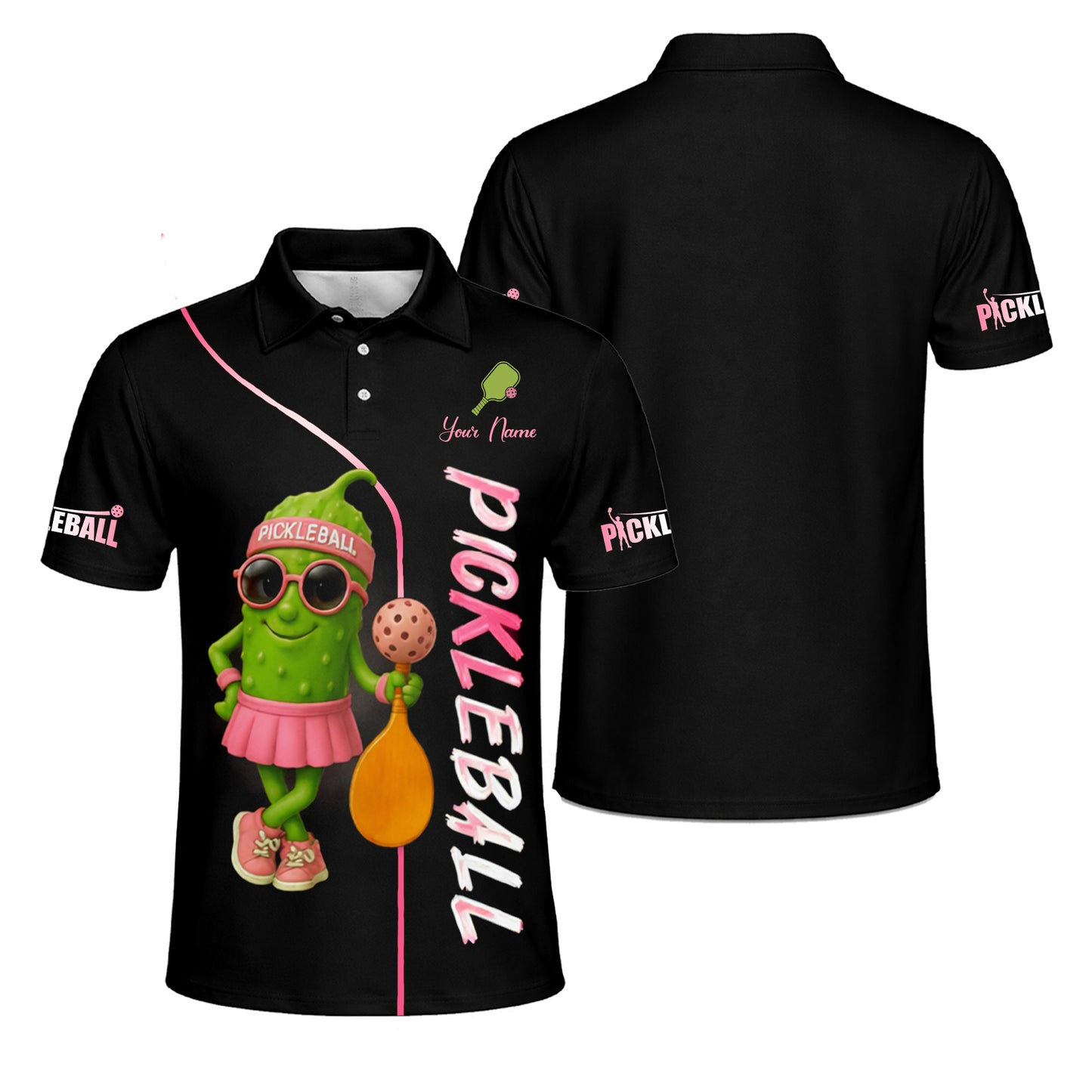 Women Pickleball Polo Shirt Cute Pickle Character Pink Style Custom Name Breathable Performance Polo