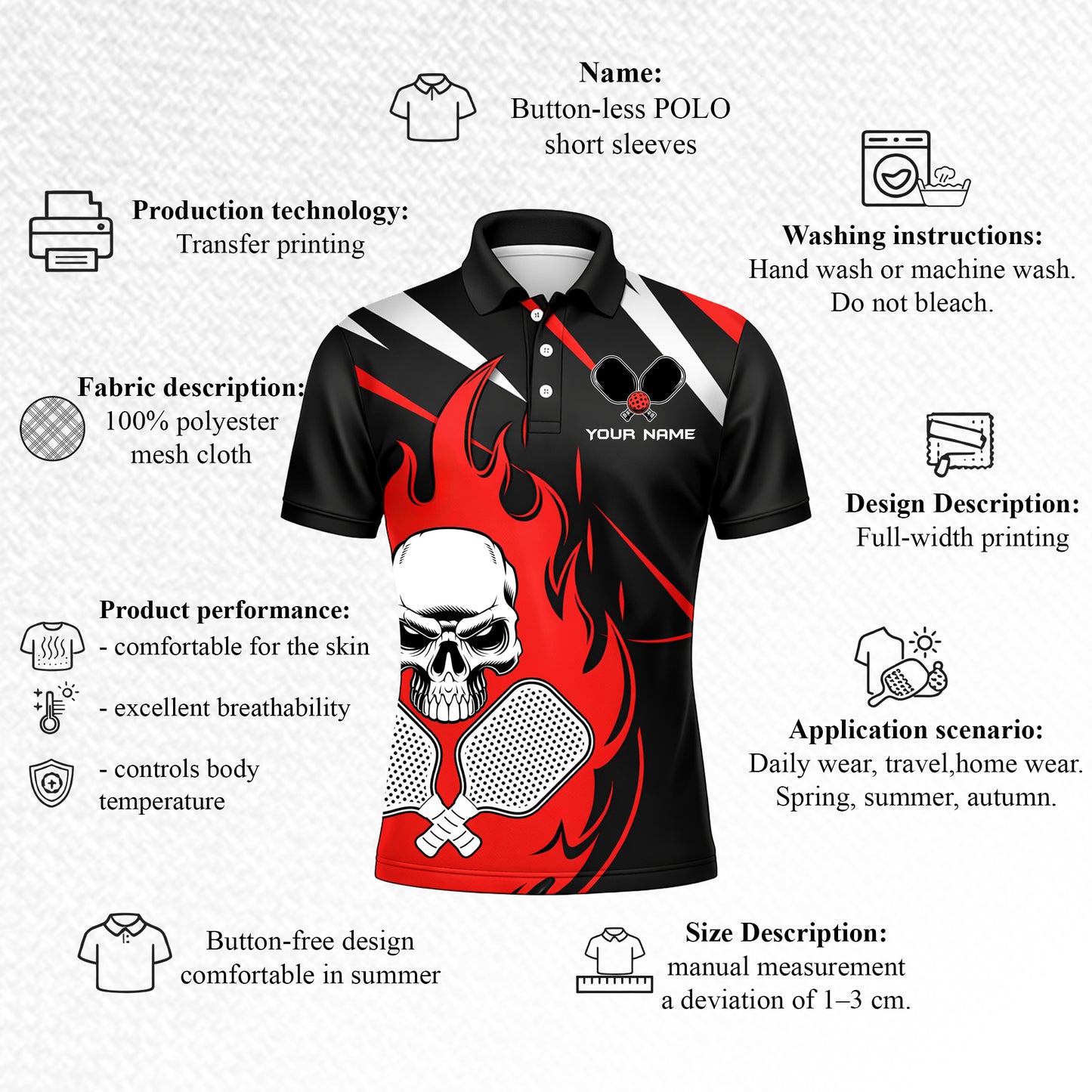 Custom Pickleball Polo Shirt Skull Flame Design Personalized Name Team Shirt Performance Sports Polo