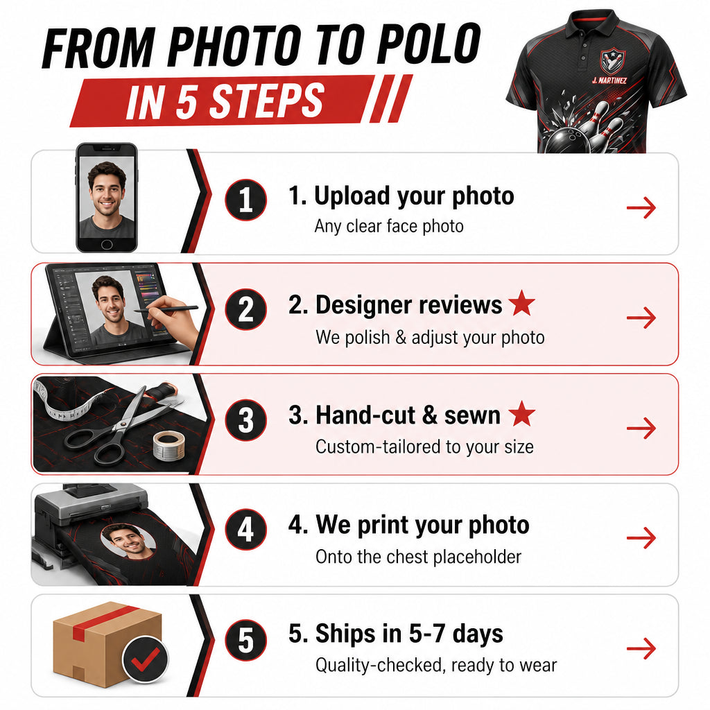 Custom Bowling Team AOP Polo – Name & Team - How it is made
