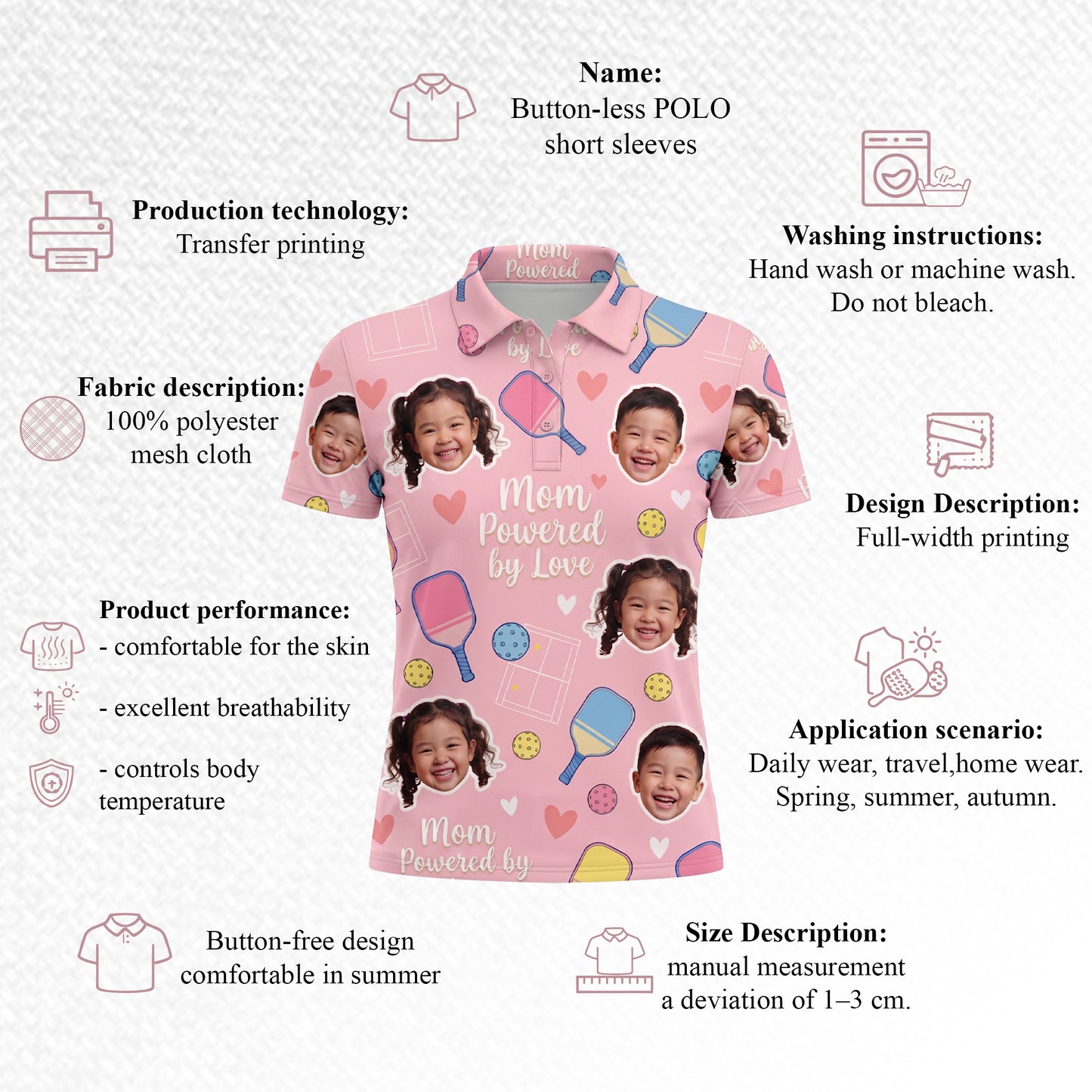 Mom Powered by Love Pickleball Custom Photo Polo Pink