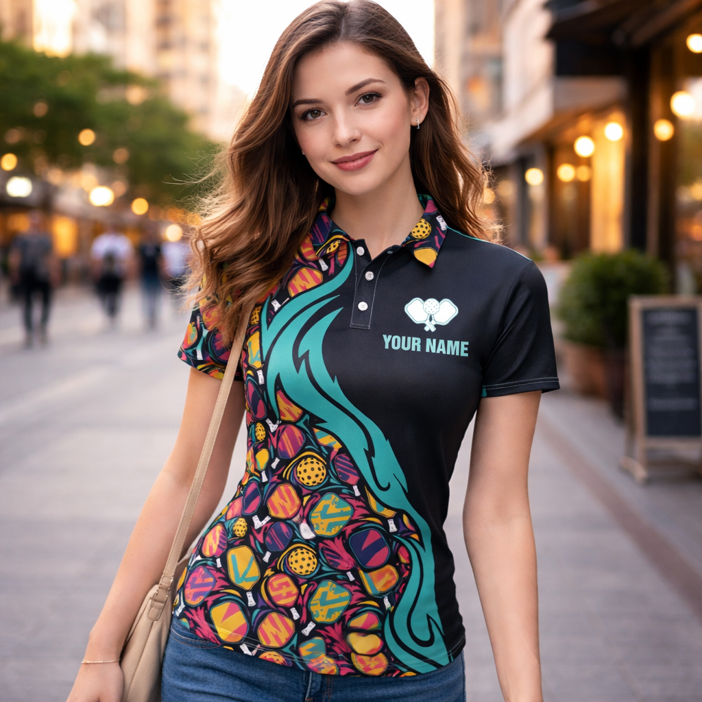 Custom Name Women's Pickleball Polo Shirt, Personalized Team Name Short Sleeve Button-Up Jersey, Colorful Paddle Pattern Athletic Tee