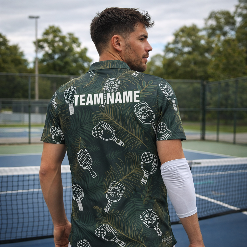 Custom Name Pickleball Polo Shirt Tropical Paddle Pattern All Over Print Performance Shirt