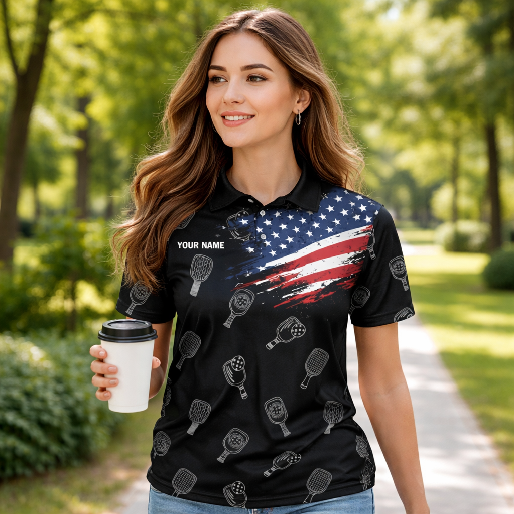 Personalized Pickleball Polo Shirt Custom Name USA Flag Performance Shirt