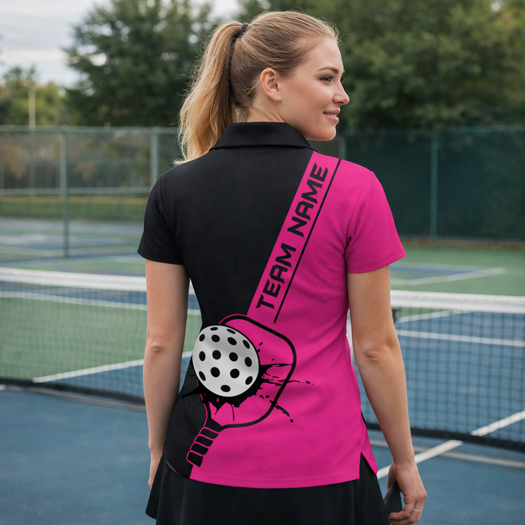 Personalized Pickleball Polo Shirt Women Pink Black Sport Shirt Custom Name Breathable Performance Top