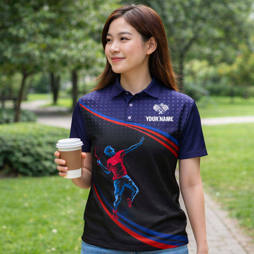 Pickleball Polo Shirt Personalized Name Men Women Sport Performance Polo Blue Red Player Design