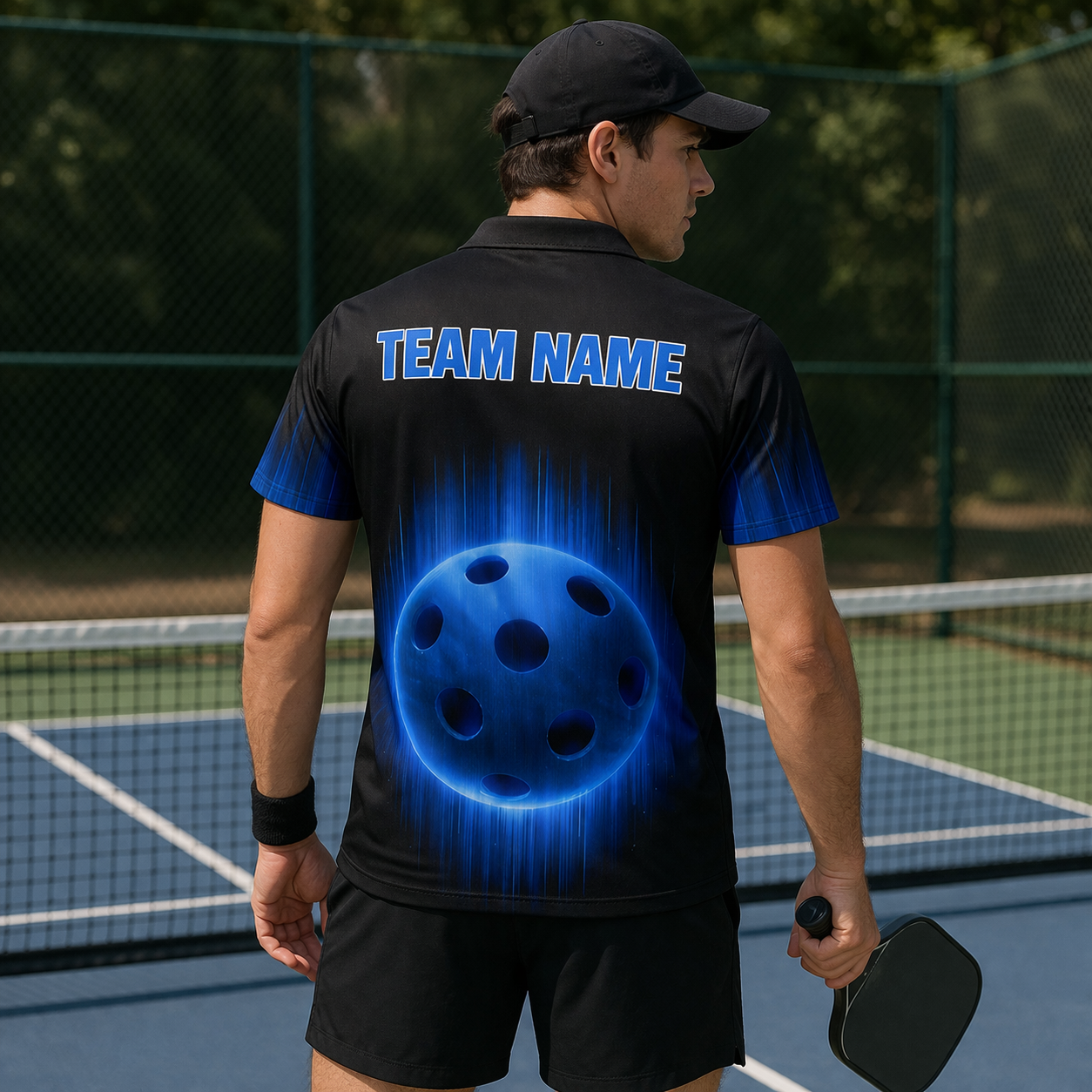 Personalized Pickleball Polo Shirt Men Custom Name Team Glowing Blue Ball Lightning Design Moisture Wicking Polyester Black Blue Short Sleeve Tee