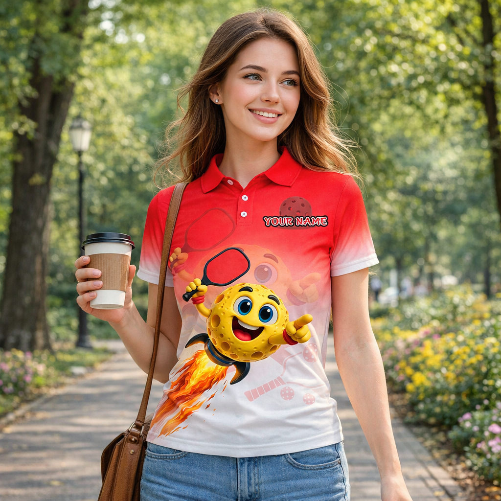 Men's Custom Pickleball Polo Shirt Funny Cartoon Ball Rocket Design Personalized Name Team Short Sleeve Red White Polyester Polo