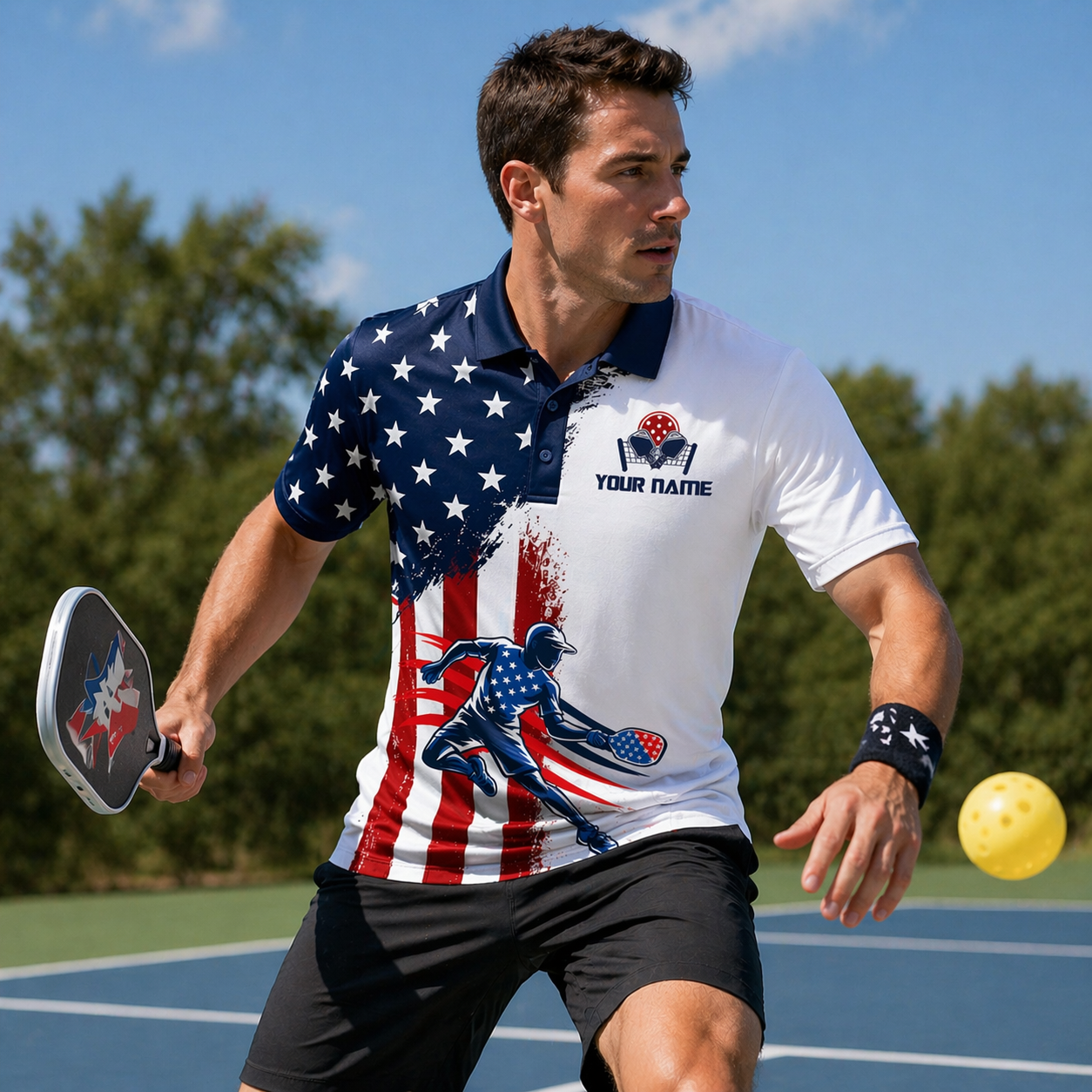 USA Flag Custom Name & Team Pickleball Polo Shirt Men