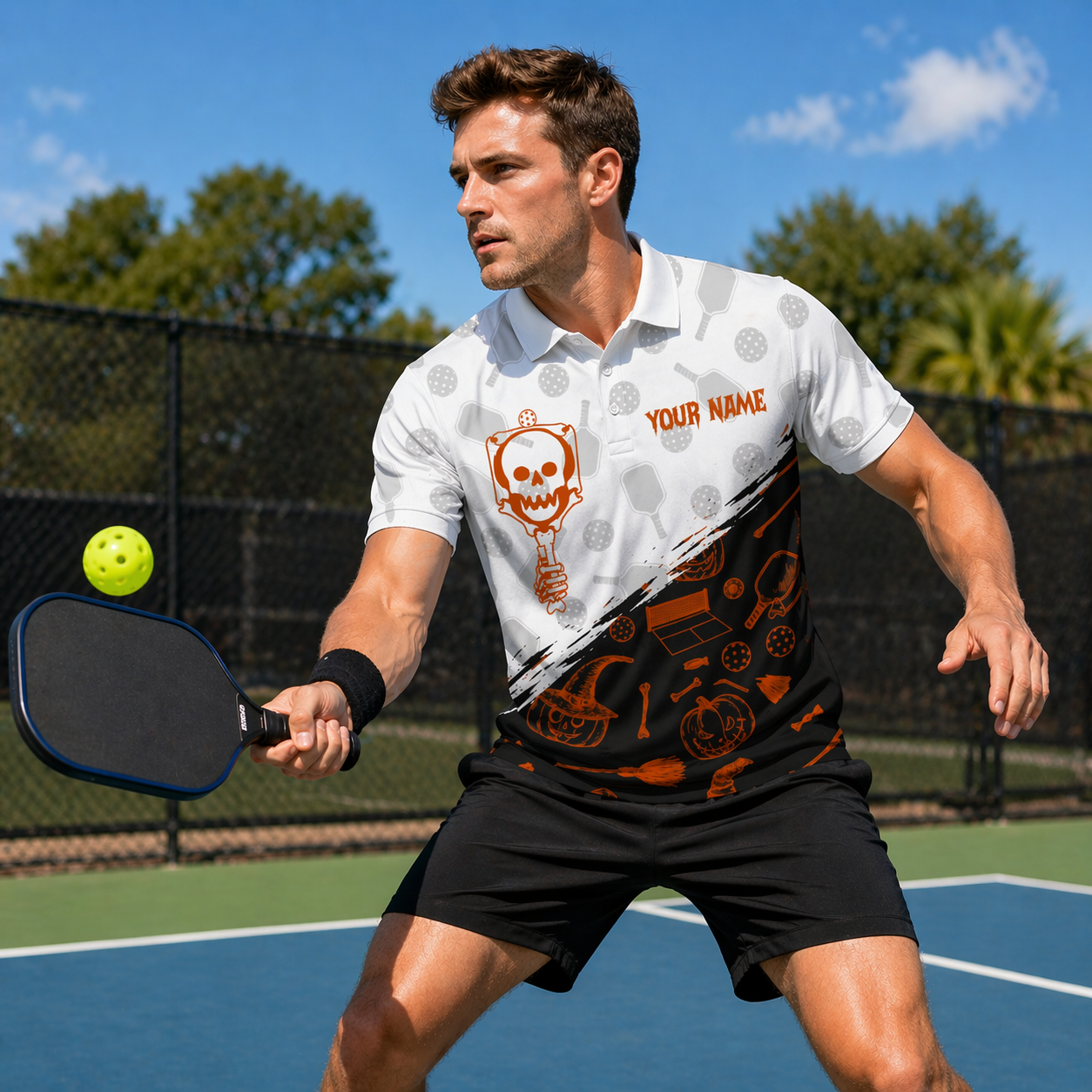 Skeleton Pumpkin Pickleball Custom Name Team Polo