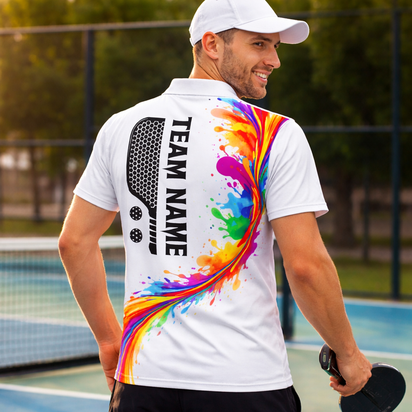 Colorful Splash Pickleball Polo Shirt Men Custom Name Team Paddle Art White Personalized