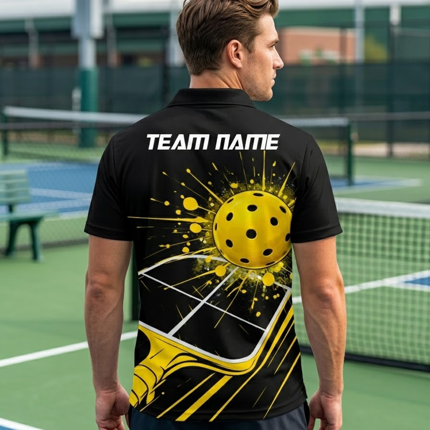 Pickleball Polo Shirt Custom Name Team Shirt Black Yellow Paddle Ball Design Breathable Sports Polo
