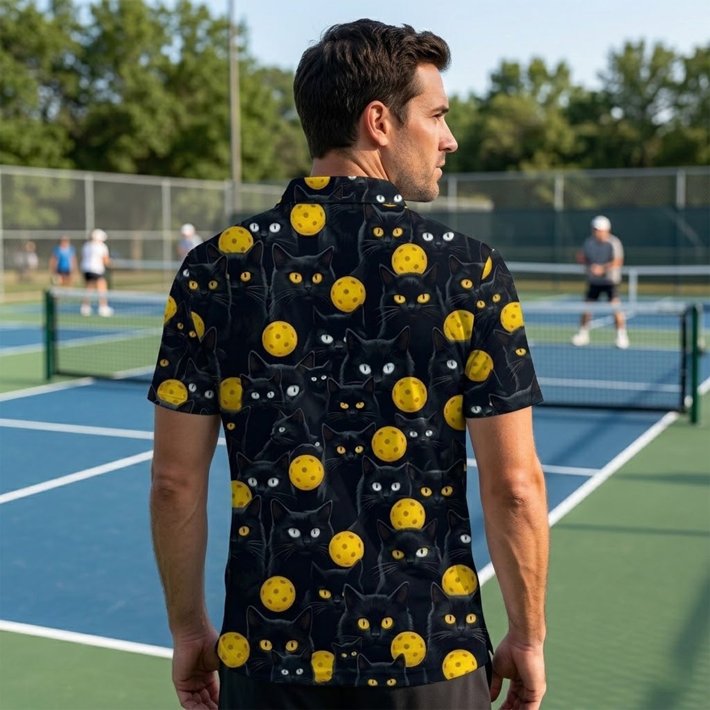 Black Cat Pickleball Polo Shirt Funny Cat Lover Sports Shirt All Over Print Breathable Athletic Tee