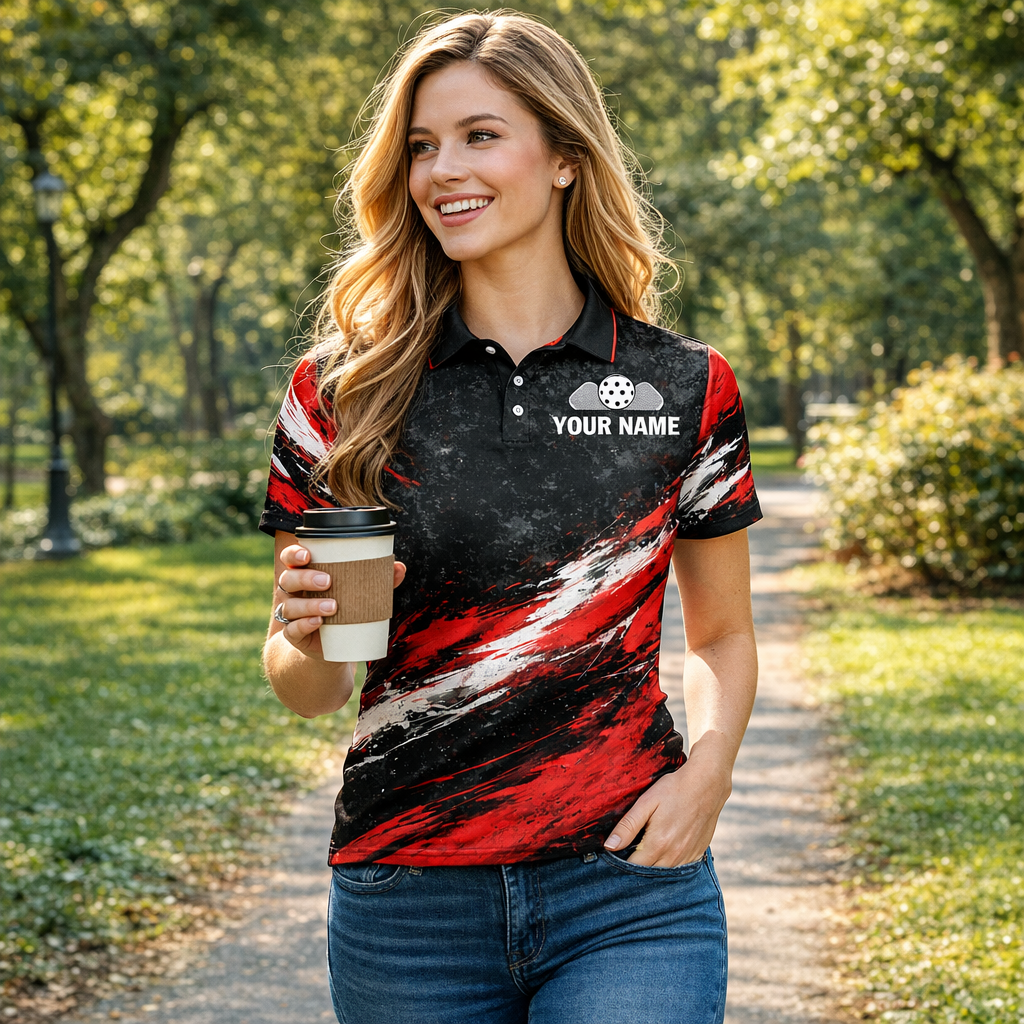 Pickleball Polo Shirt Custom Name Team Pickleball Shirt Red Black Sport Performance Polo