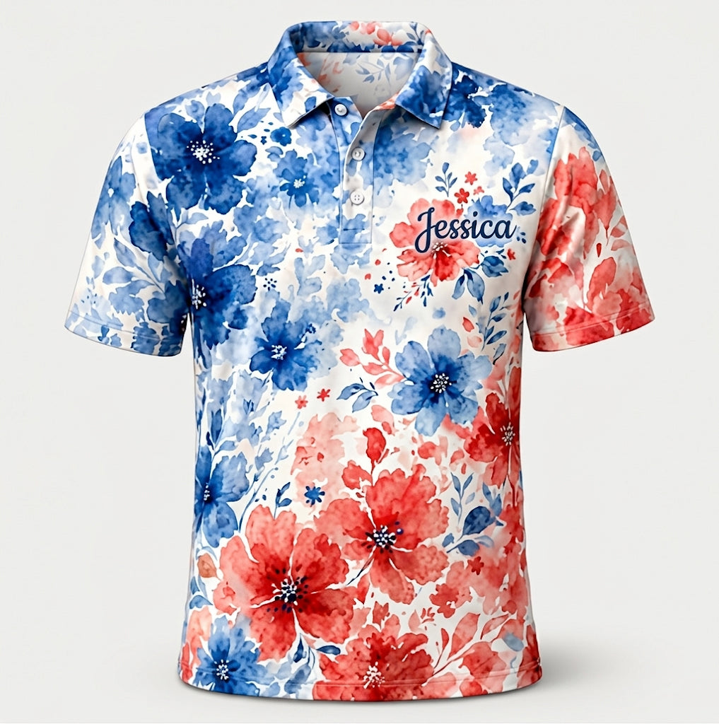Red, White & Blue Watercolor Floral Name Polo - Personalized Name All Over Print