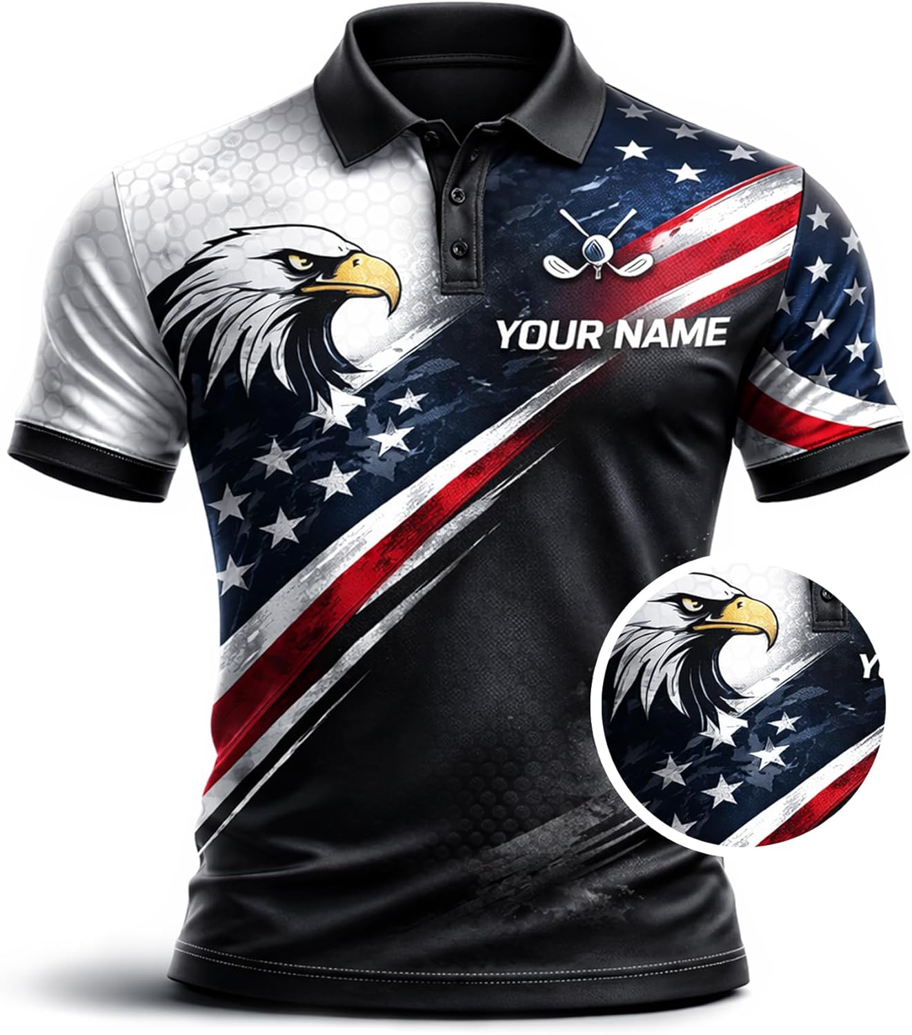 American Flag Golf Polo Shirt Eagle Patriotic Custom Name Golf Shirt Performance Polo for Men