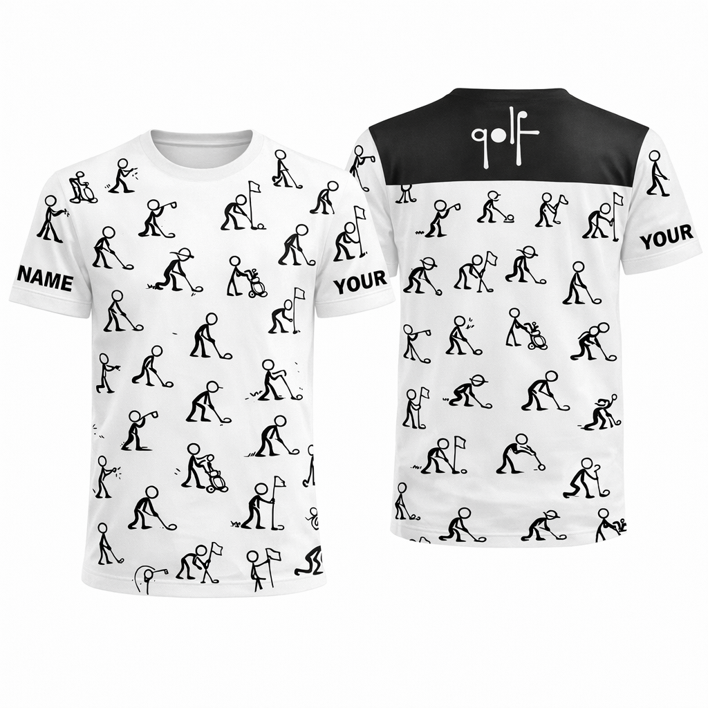 Custom Golf Polo Shirt Stick Figure Pattern Personalized Name Performance Golf Shirt Men Black