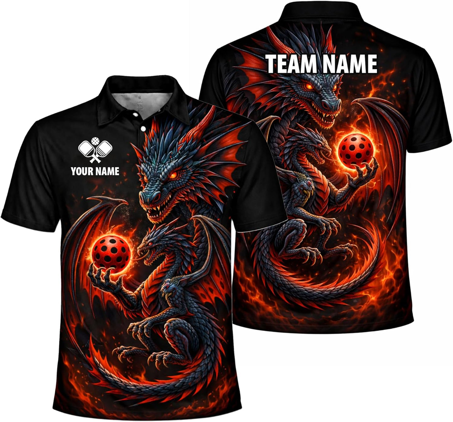 Custom Dragon Pickleball Polo Shirt Personalized Name Team Pickleball Shirt 3D Fire Dragon Design Black