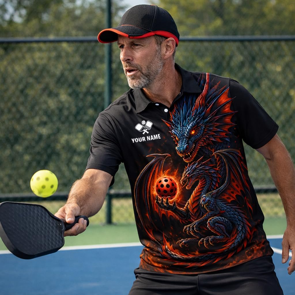 Custom Dragon Pickleball Polo Shirt Personalized Name Team Pickleball Shirt 3D Fire Dragon Design Black