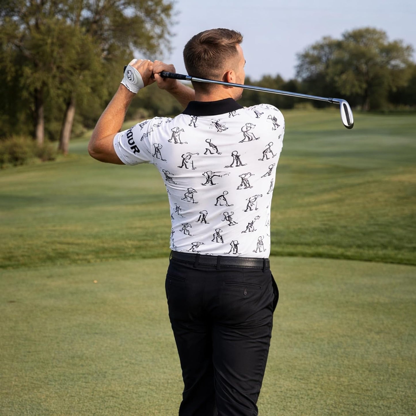 Custom Golf Polo Shirt Stick Figure Pattern Personalized Name Performance Golf Shirt Men Black