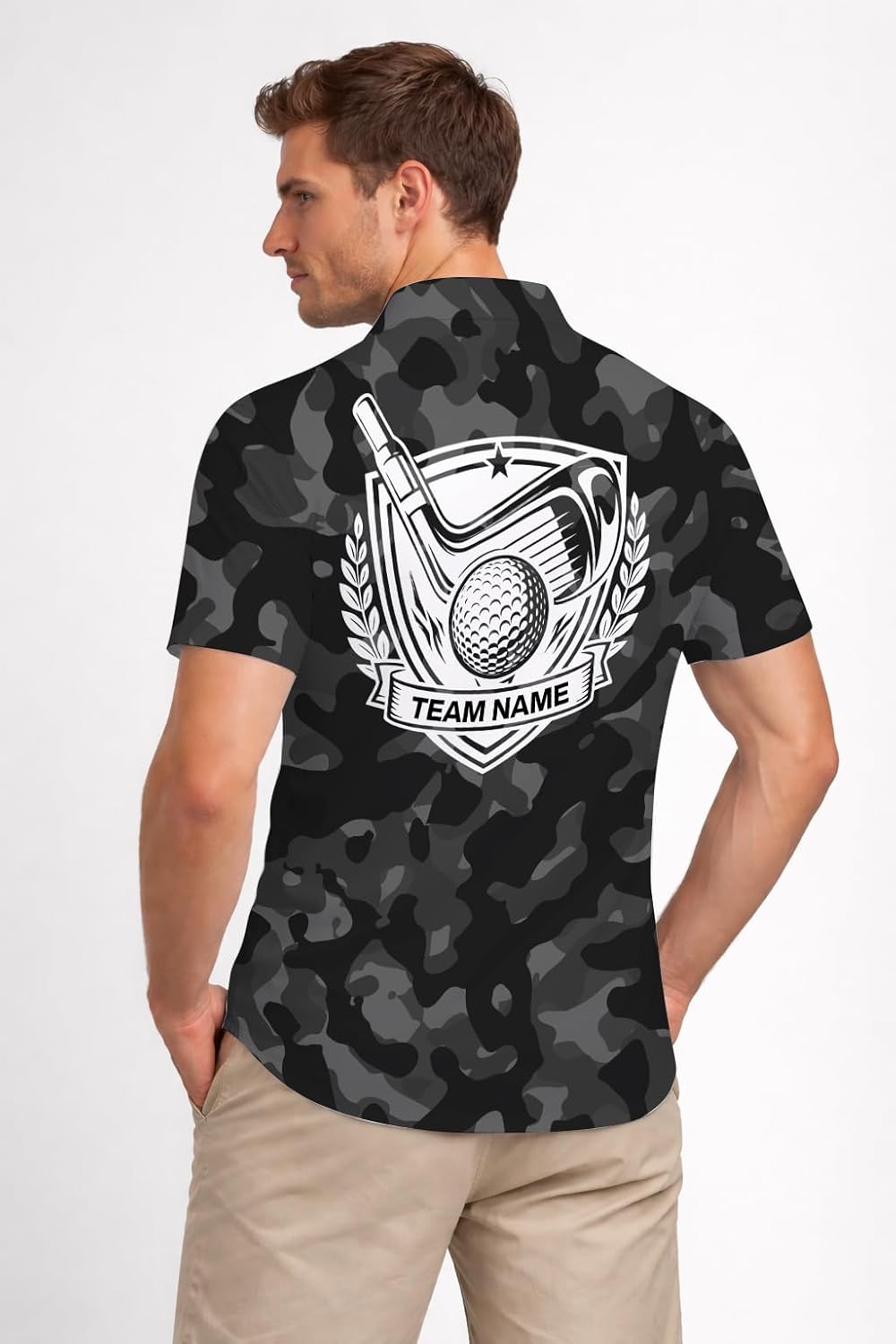 Custom Name Camo Golf Polo Shirt Flaming Ball
