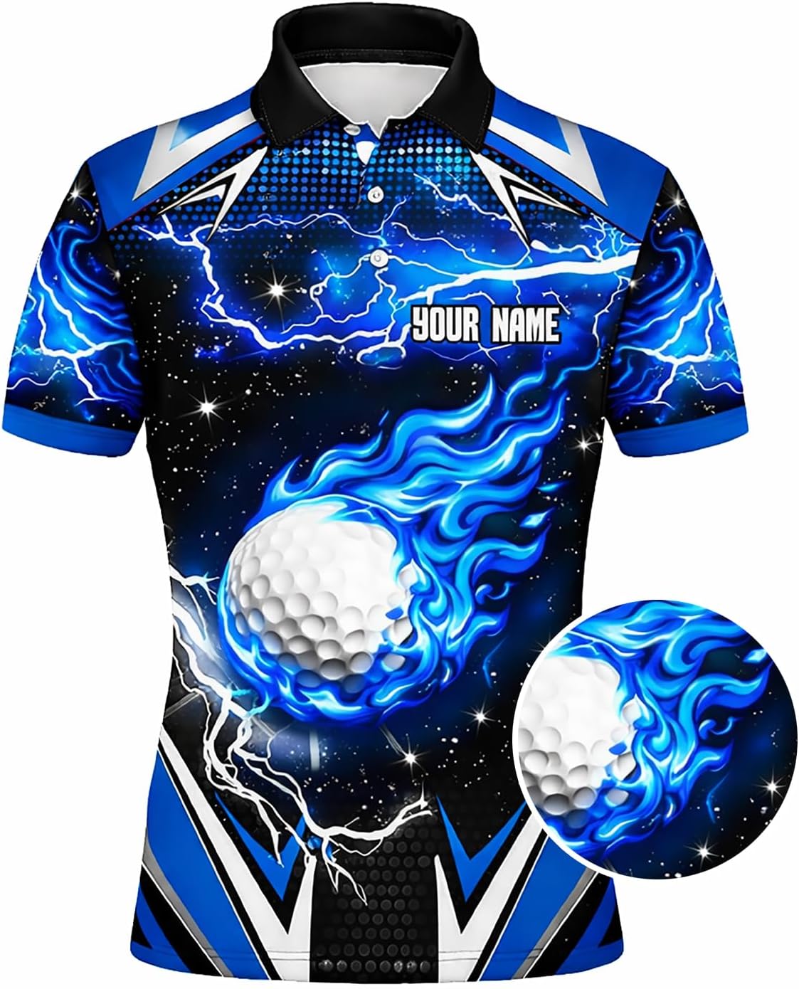 Custom Name Golf Polo Shirt Blue Flame Golf Ball Lightning Performance Polo for Men