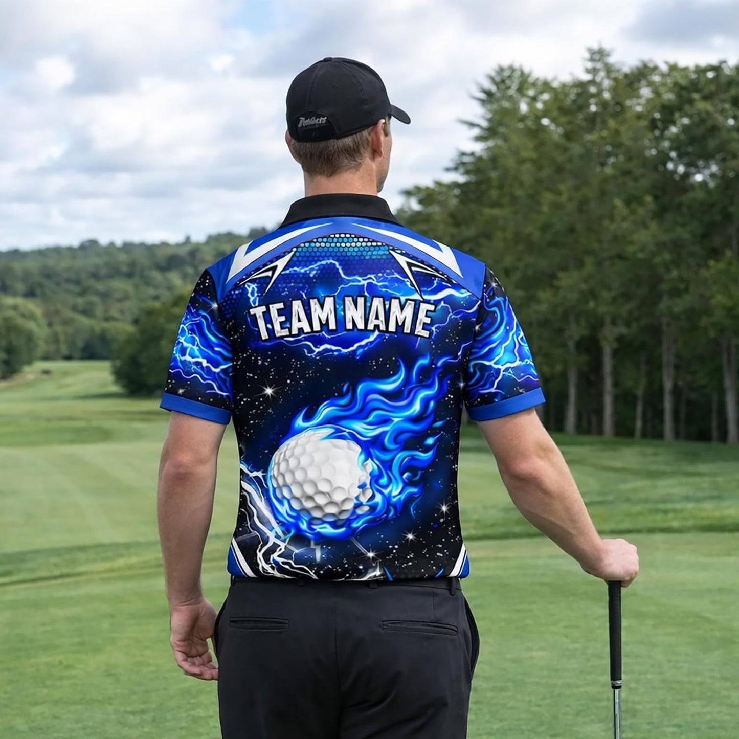 Custom Name Golf Polo Shirt Blue Flame Golf Ball Lightning Performance Polo for Men