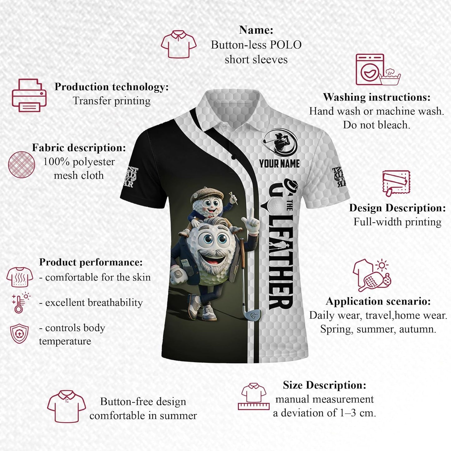 Custom Name Golf Polo Shirt Cartoon Golf Ball Father Son Graphic Black White Performance Shirt