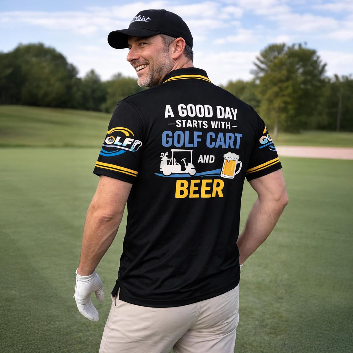 Custom Name Golf & Beer Polo Shirt Funny Golf Cart Golfer Performance Polo Shirt Black