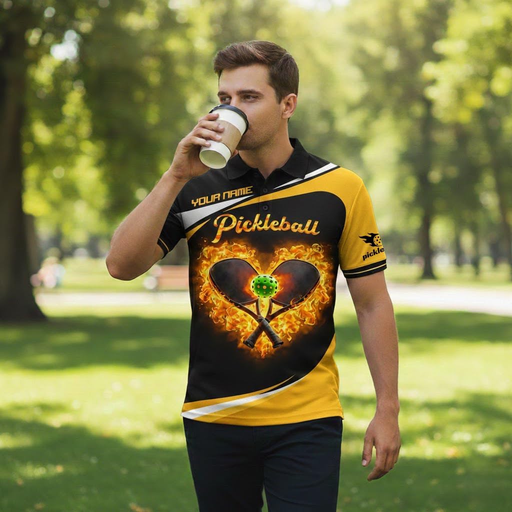Custom Name Pickleball Fire Heart Polo Shirt Black Yellow