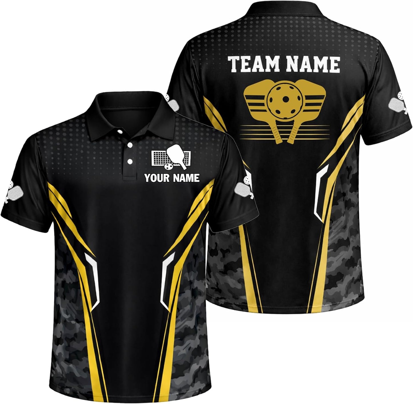 Custom Name Pickleball Polo Shirt Black Gold Camo Team Pickleball Performance Shirt