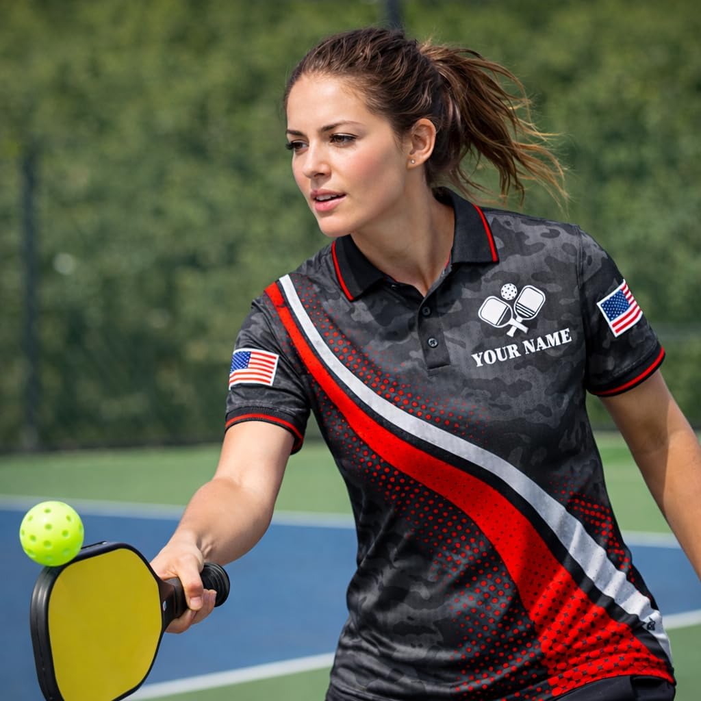 Custom Name Pickleball Polo Shirt Black Red Camo Performance Team Jersey Unisex Sports Polo