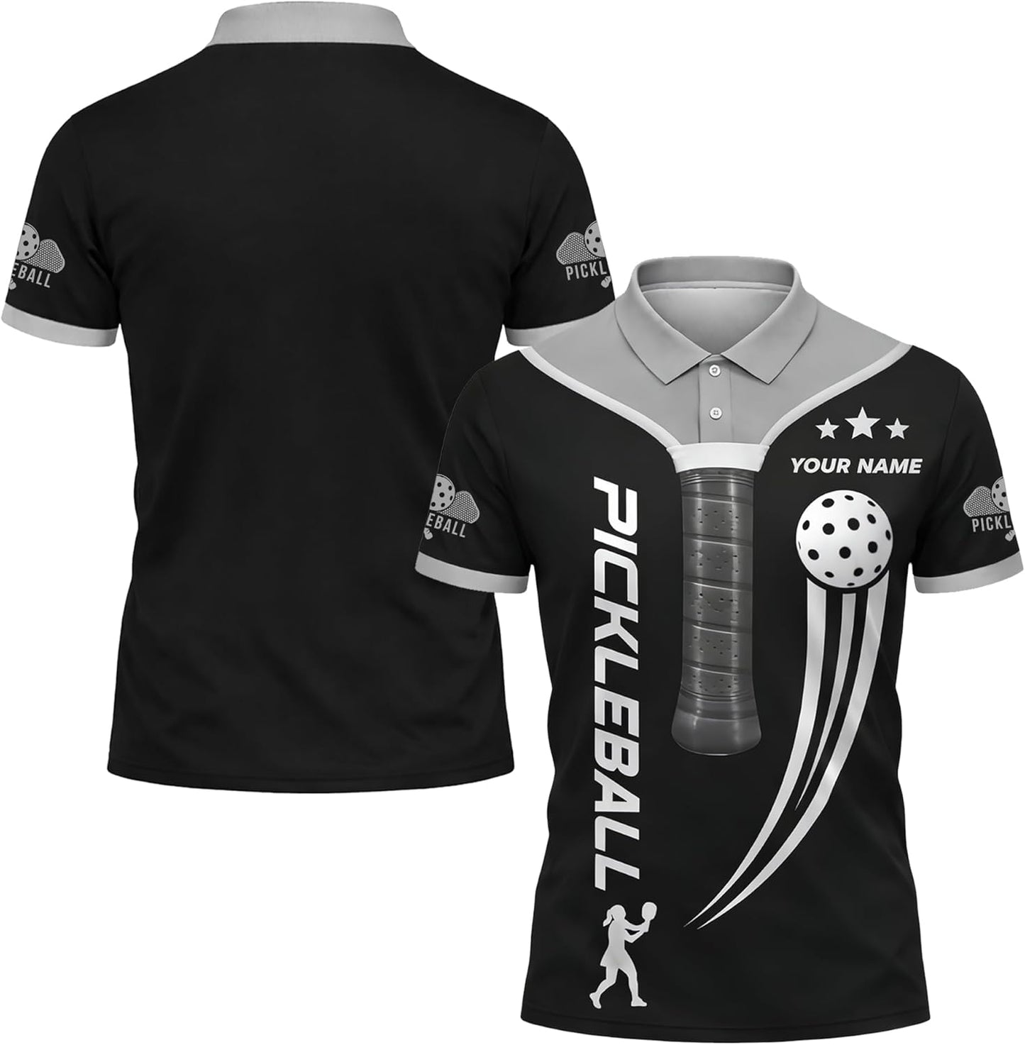 Custom Name Pickleball Polo Shirt Black Silver Performance Mesh Sports Polo for Men Women
