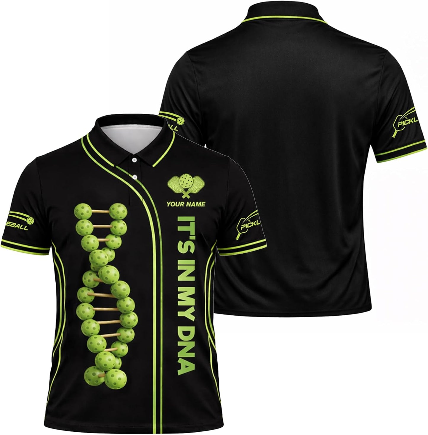 Custom Name Pickleball Polo Shirt It's in My DNA Pickleball DNA Graphic Performance Shirt Black Green