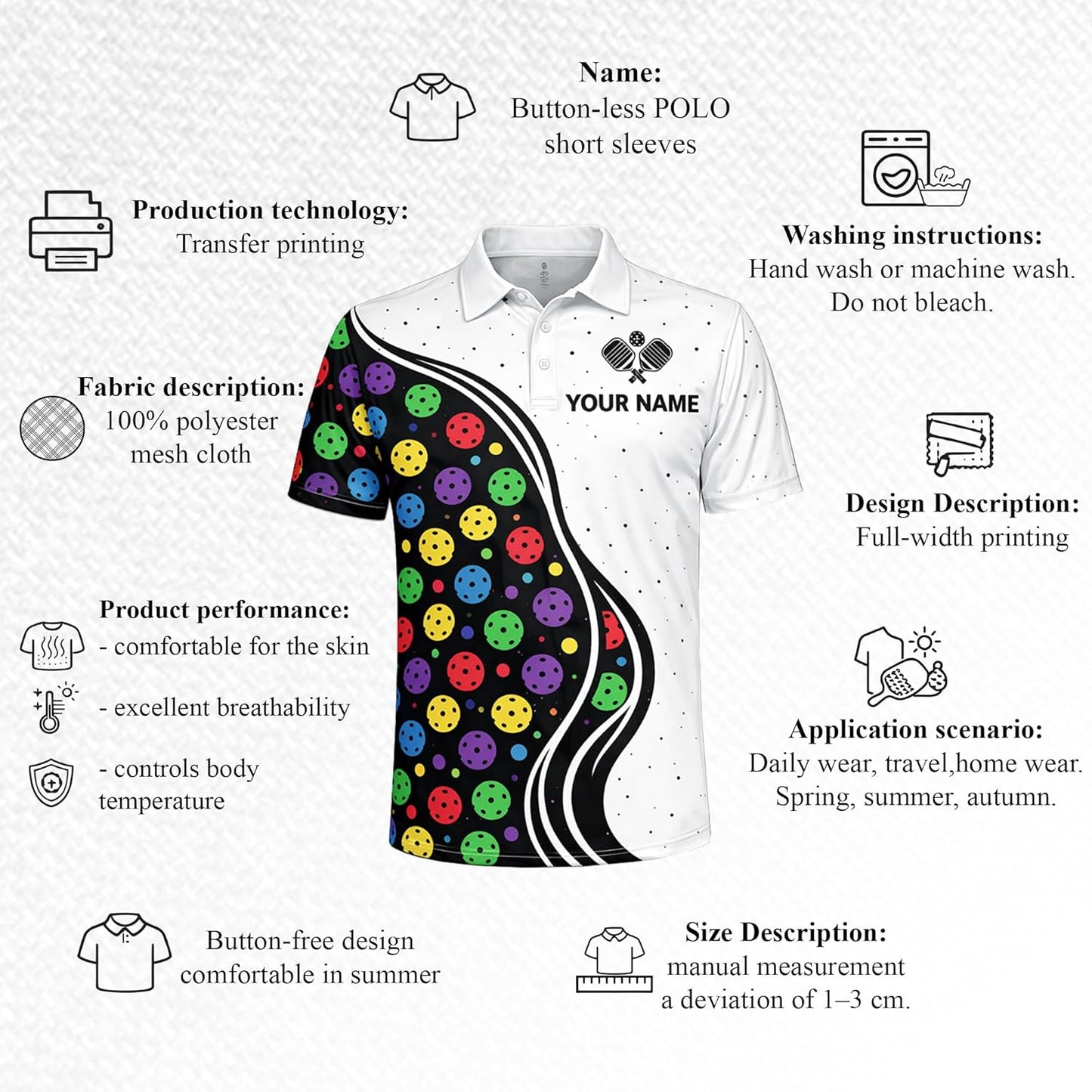 Custom Name Pickleball Polo Shirt White Multicolor Ball Pattern Team Jersey Unisex Performance Shirt