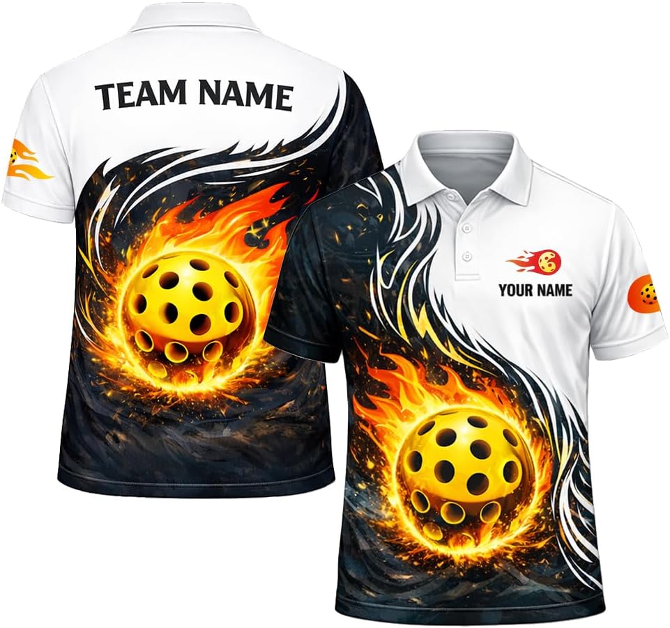 Custom Pickleball Polo Shirt Flaming Pickleball Fire Ball Personalized Team Jersey Performance Shirt Black