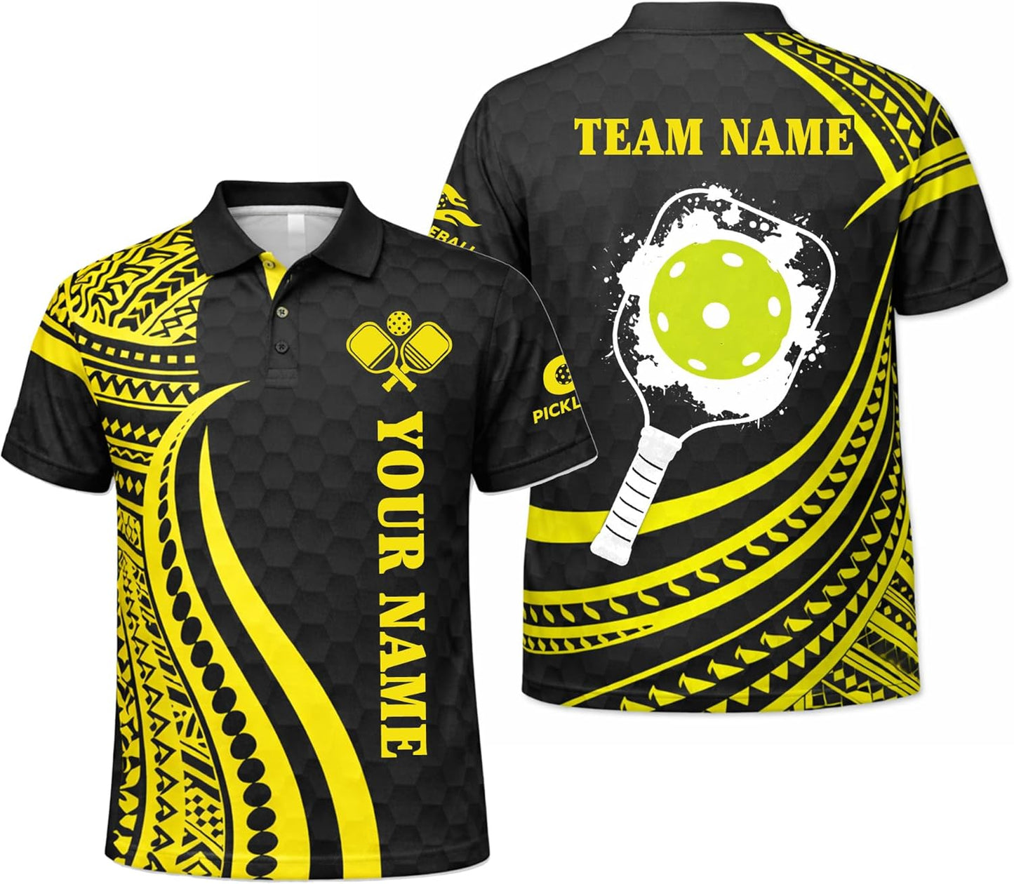 Custom Pickleball Polo Shirt Personalized Name Team Pickleball Jersey Black Yellow Tribal Sport Polo Shirt