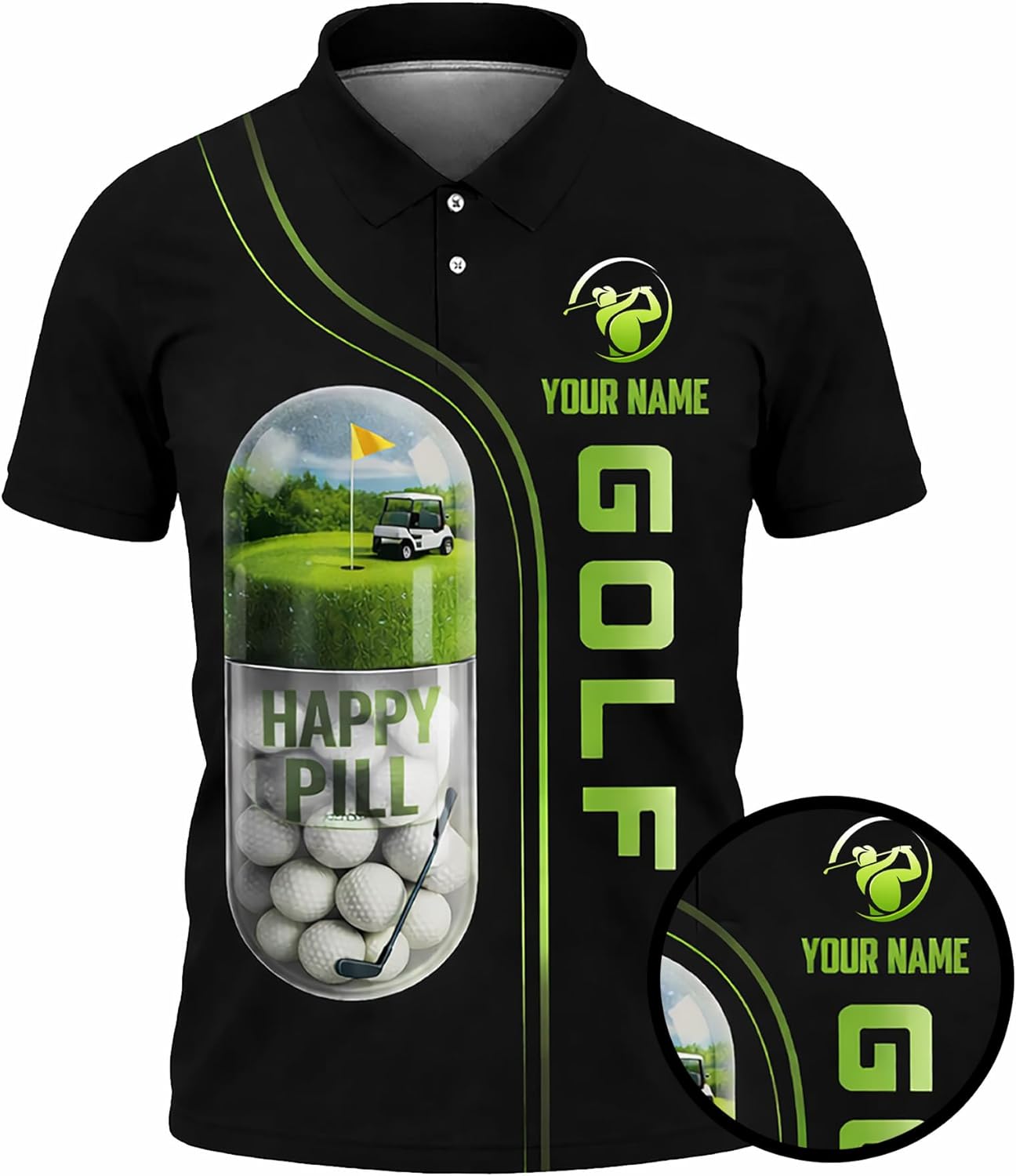 Funny Golf Polo Shirt Happy Pill Golf Ball Capsule Custom Name Performance Polo for Men Women Black