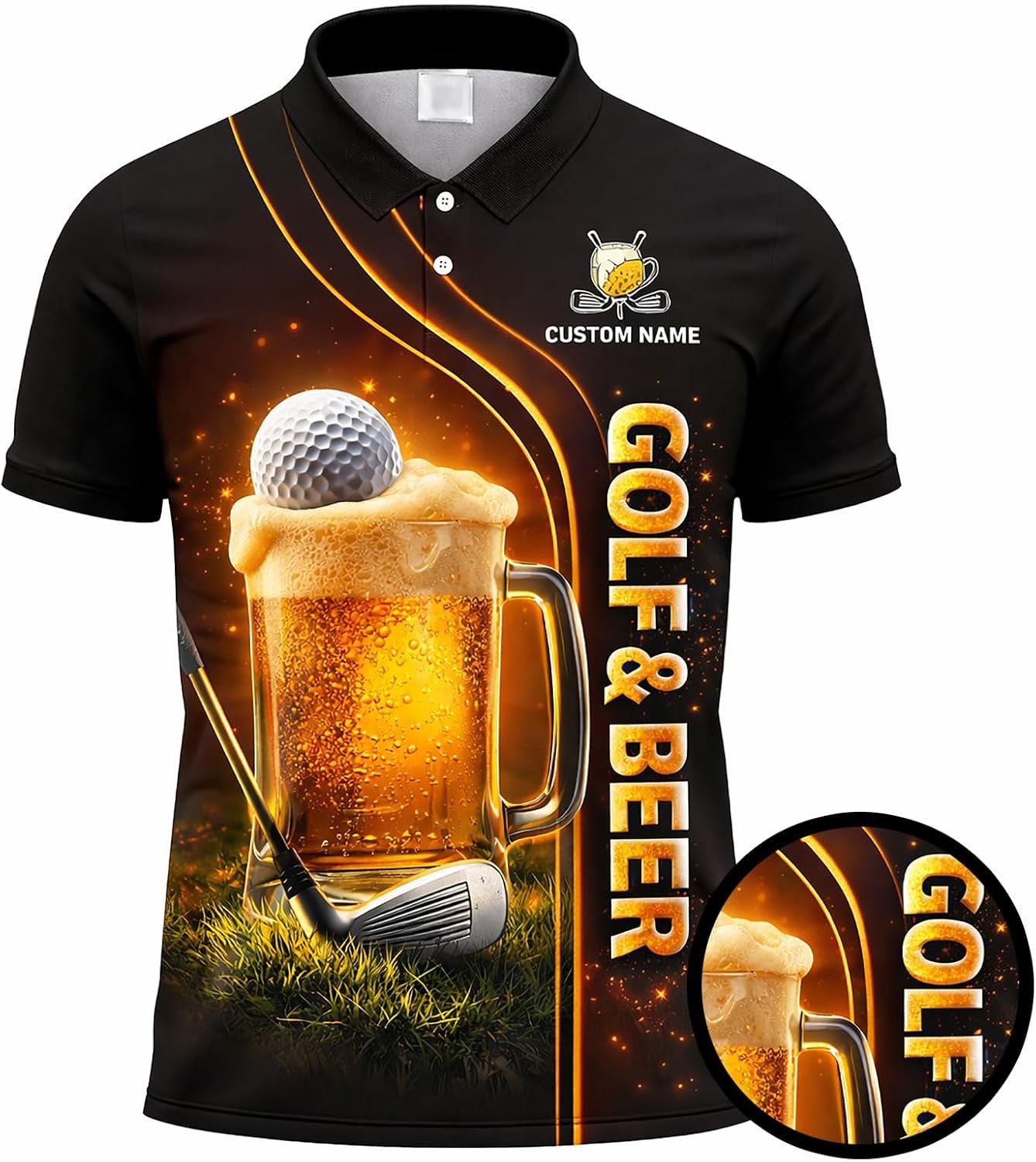 Funny Golf & Beer Polo Shirt Custom Name Golfer Beer Mug Graphic Performance Golf Shirt Black