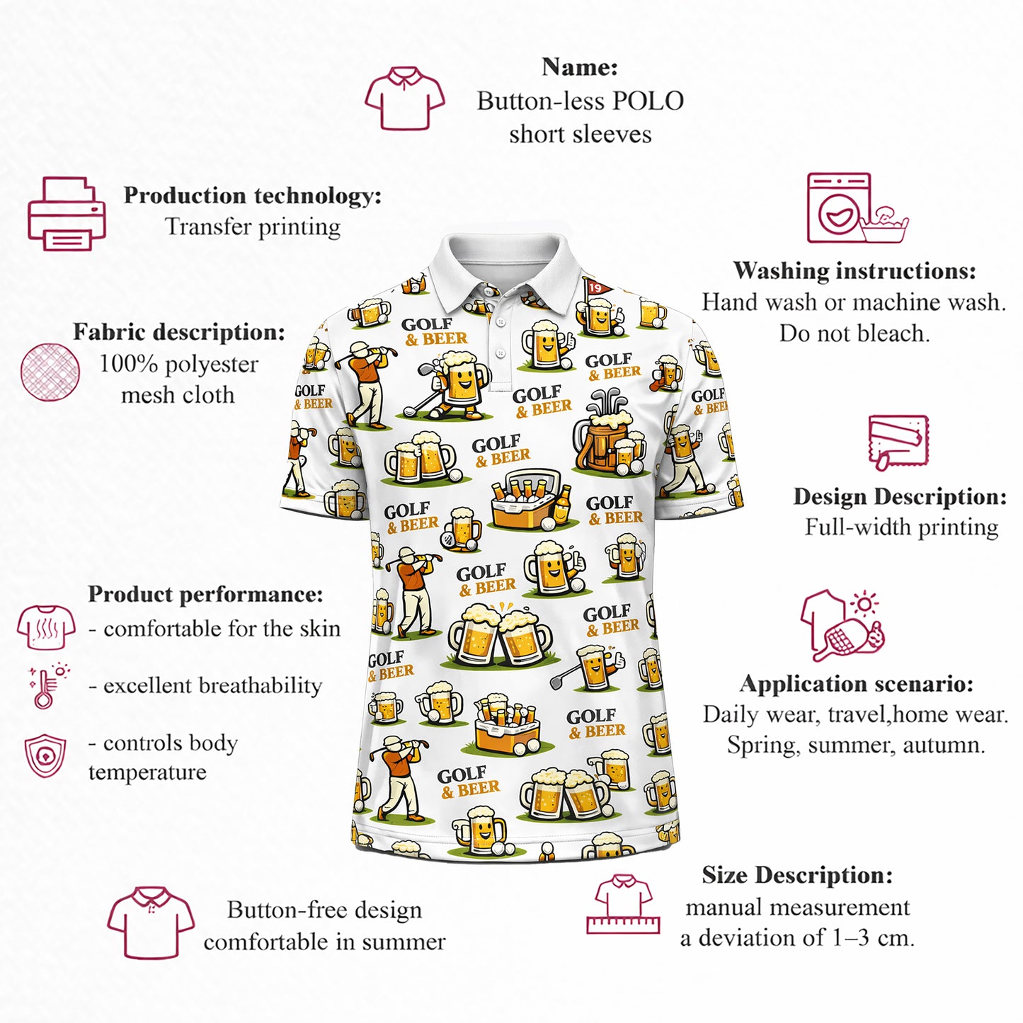 Pickit Golf & Beer Polo Shirt – Funny Golfer Beer Mug All Over Print Casual Golf Shirt for Men & Women