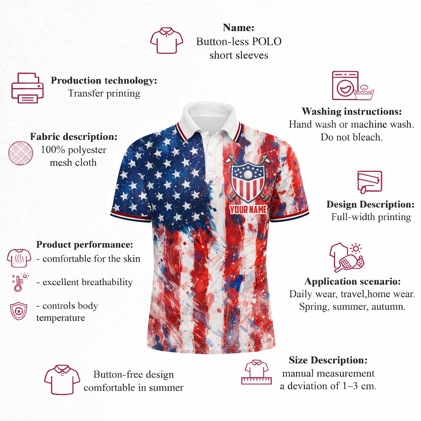 Pickit Patriotic USA Golf Polo Shirt Custom Name American Flag Performance Polo