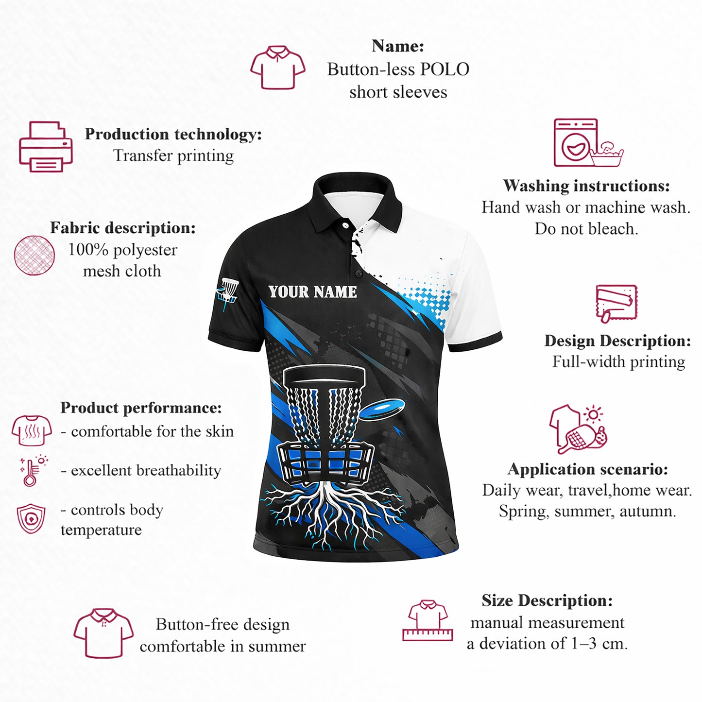 Custom Disc Golf Polo Shirt Team Name Personalized Disc Golf Jersey Black Blue Performance Shirt