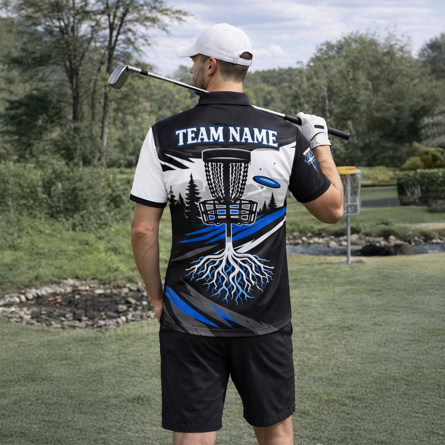 Custom Disc Golf Polo Shirt Team Name Personalized Disc Golf Jersey Black Blue Performance Shirt