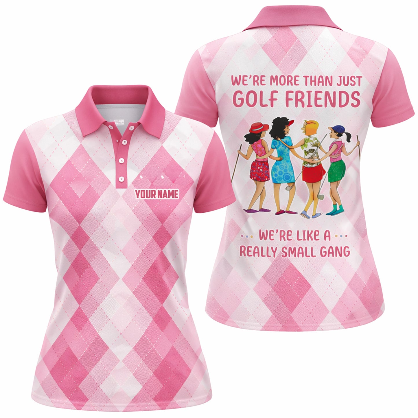 Women Golf Polo Shirt Personalized Argyle Pink Golf Friends Custom Name Performance Polo