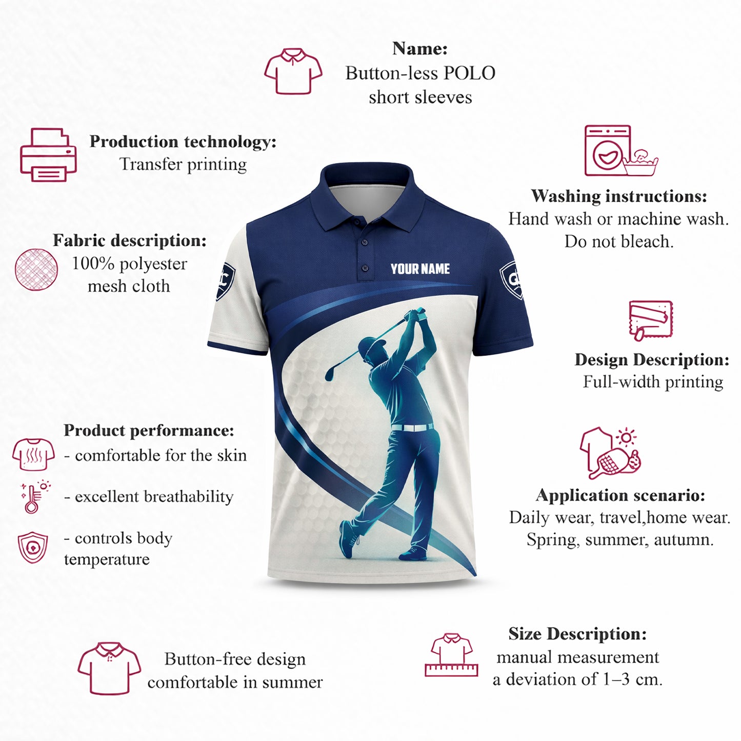 Custom Golf Polo Shirt Personalized Name Blue White Golf Swing Performance Polo Shirt for Men