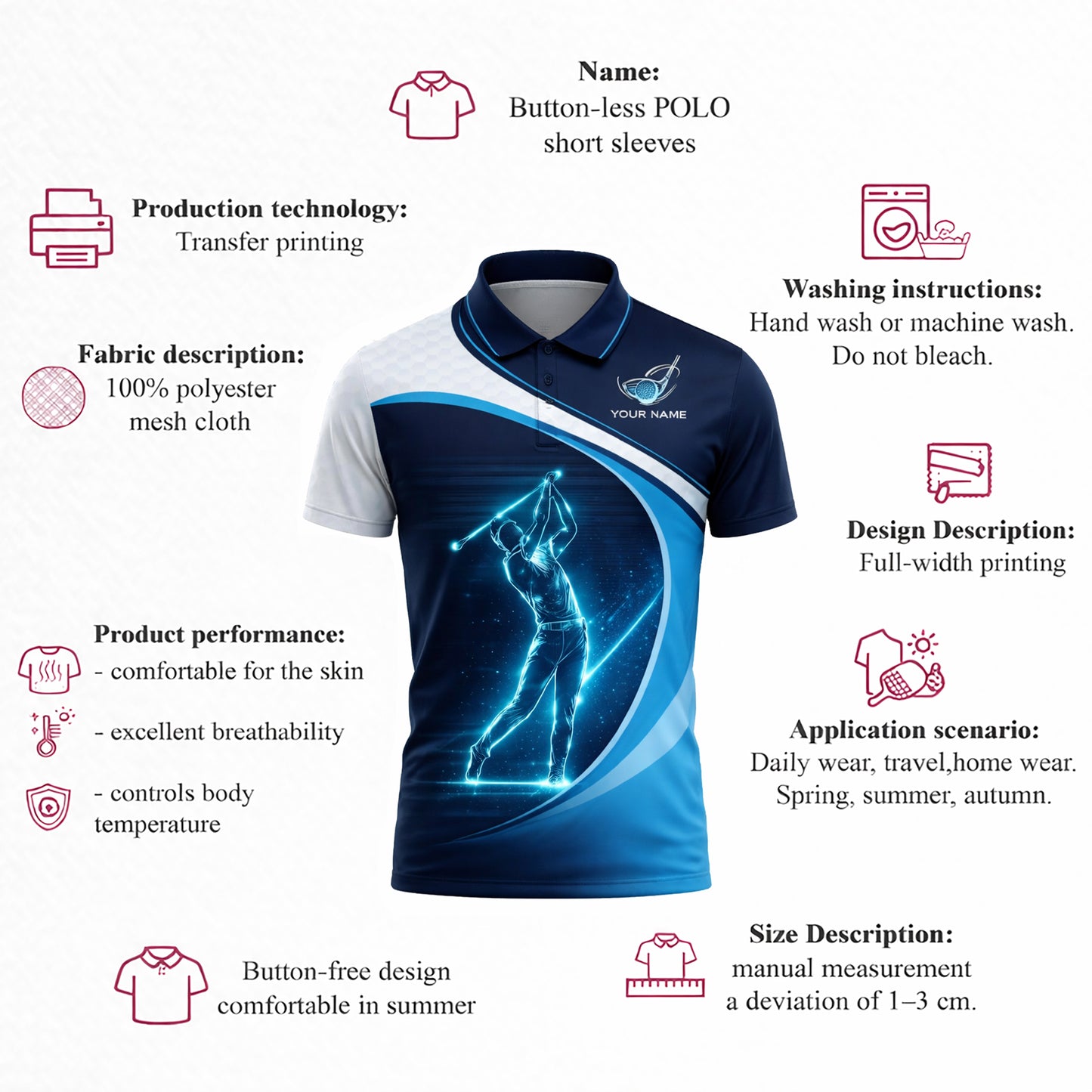 Custom Golf Polo Shirt Blue Neon Golfer Personalized Name Performance Golf Shirt Men Women Modern Sport Polo