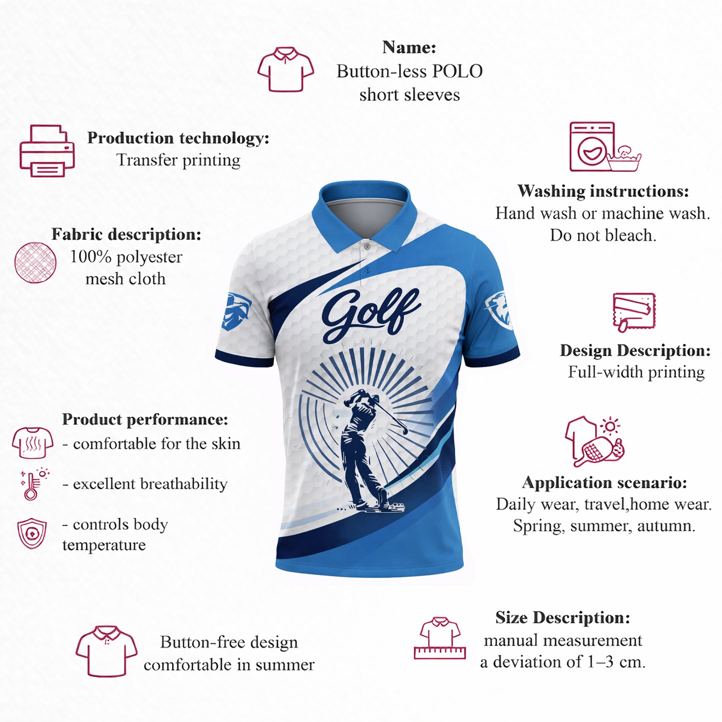 Golf Polo Shirt Men Performance Golf Shirt Breathable Athletic Polo Blue White Sportswear