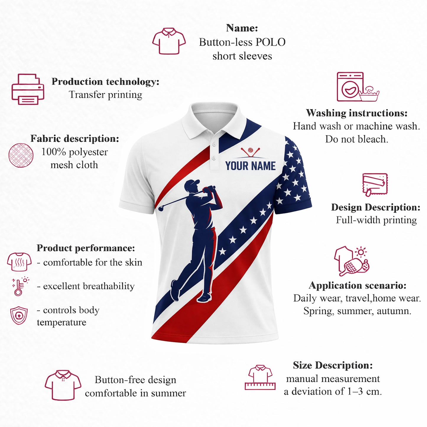 Custom Golf Polo Shirt USA Flag Style Personalized Name Team Number Performance Polo
