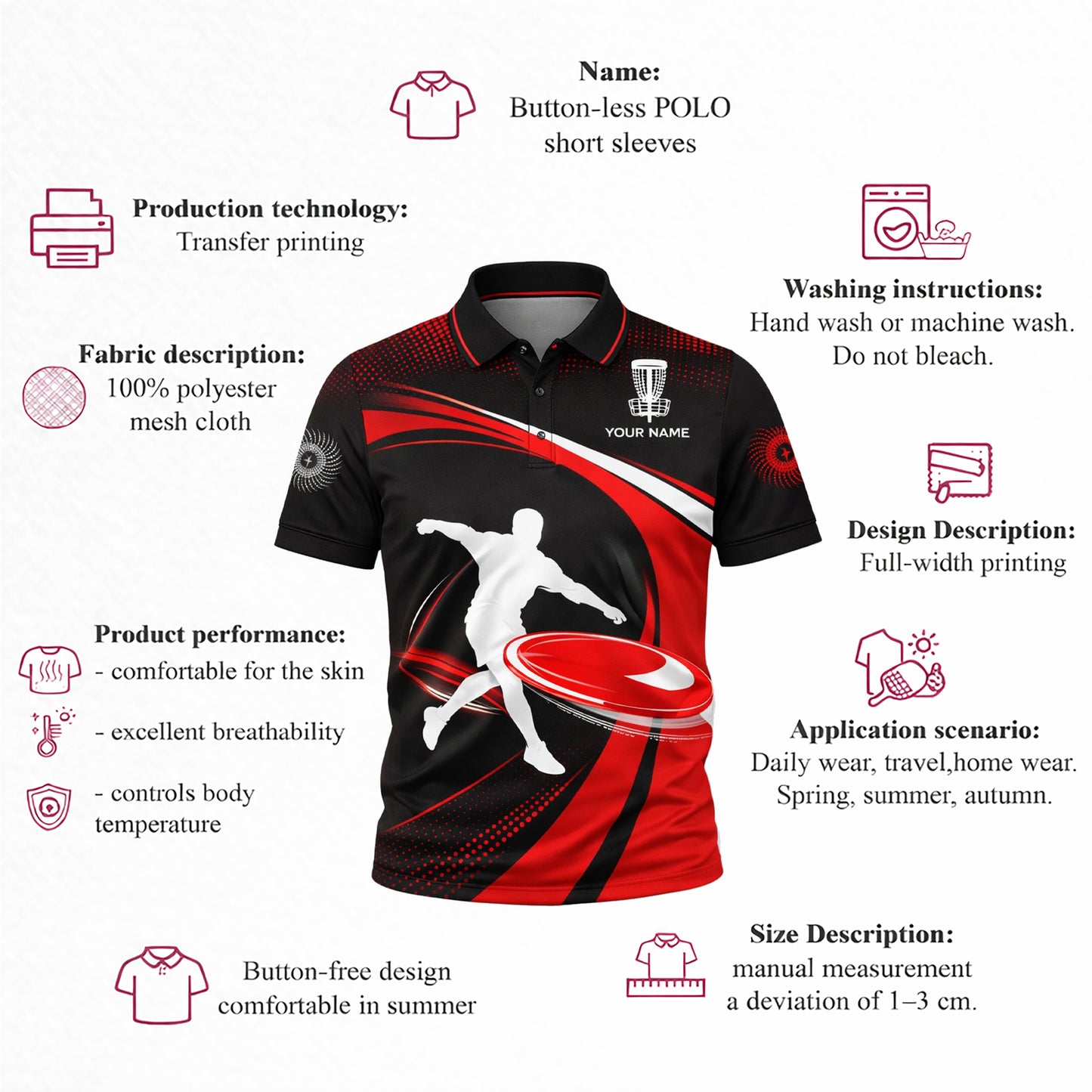 Disc Golf Polo Shirt Personalized Name Red Black Frisbee Player Performance Polo Unisex